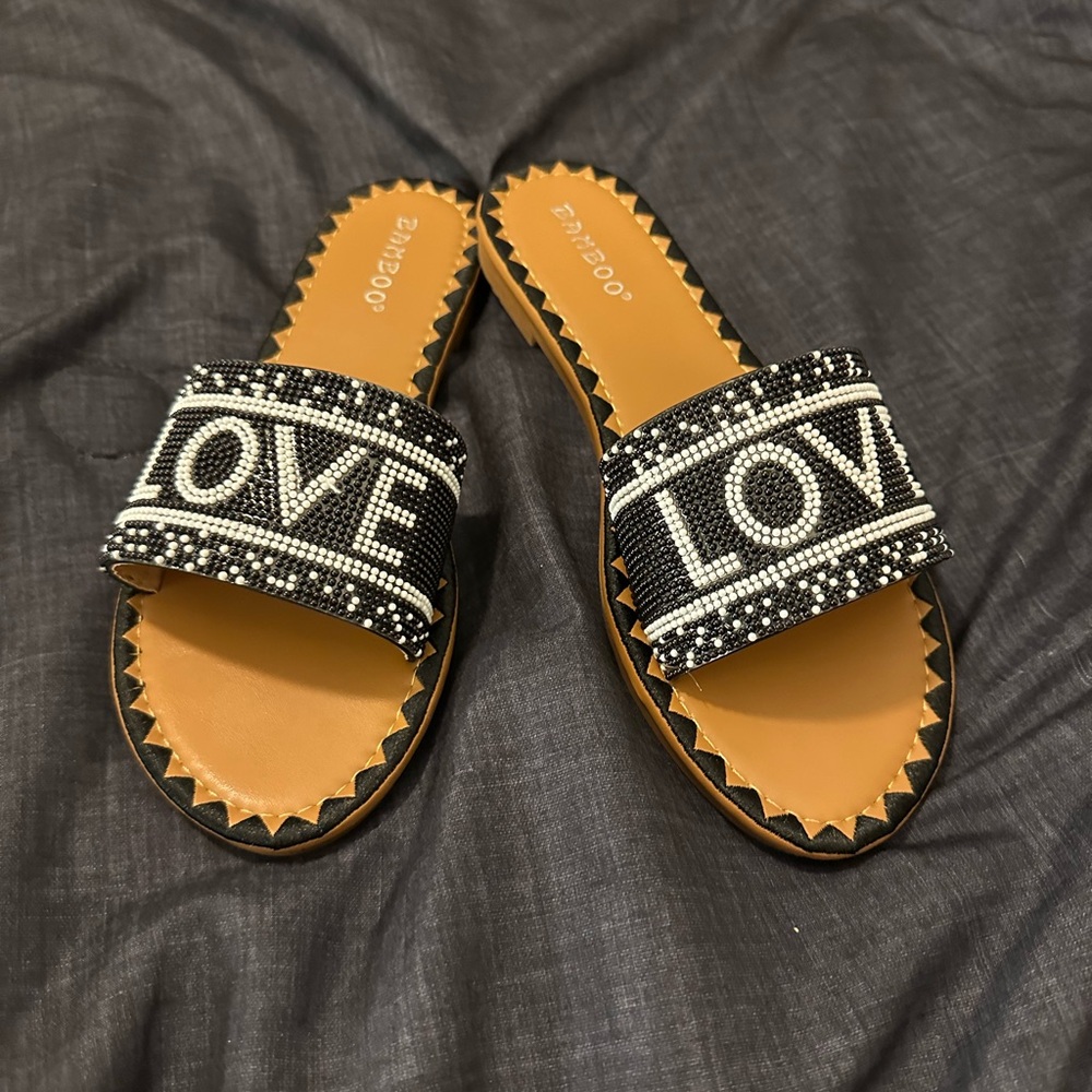 BAMBOO Black and White LOVE Beaded Sandals
